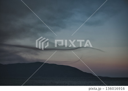 the sea under the mountain on a summer day Vlora, Albania, photographed on August 2025. 136016916