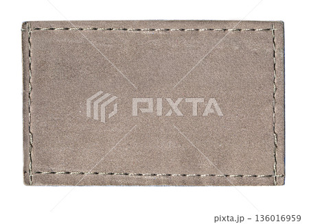 Blank suede patch with exposed stitching, transparent background 136016959