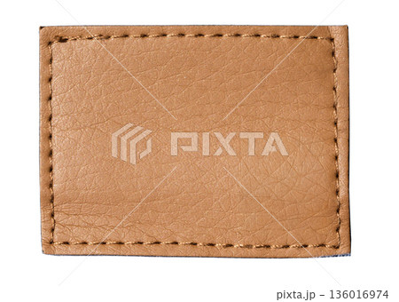 Blank rectangular leather label with stitching on transparent background Blank rectangular leather label with stitching on transparent background 136016974