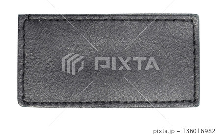 Blank black leather patch with stitching, transparent background 136016982