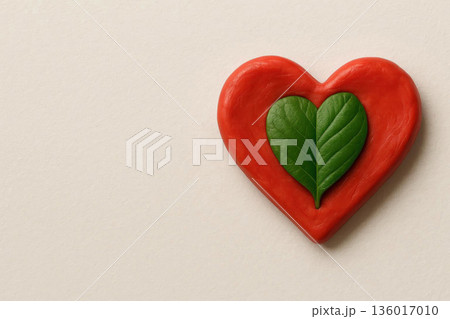 A red heart made of plasticine with a green leaf inside. Space for text. 136017010
