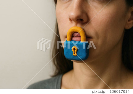 A plasticine lock on a woman's lips as a symbol of silence. Space for text. 136017034
