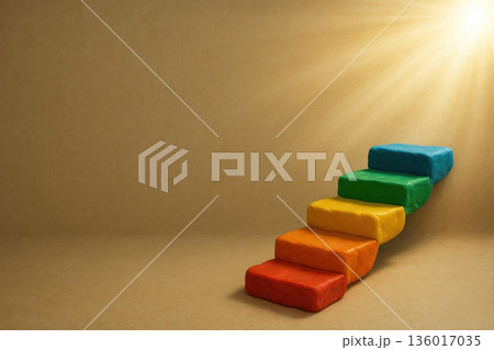 Rainbow steps made of plasticine, leading to light and success. Space for text. 136017035