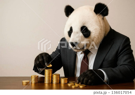 A panda in a business suit counting gold coins at the table. Space for text. 136017054