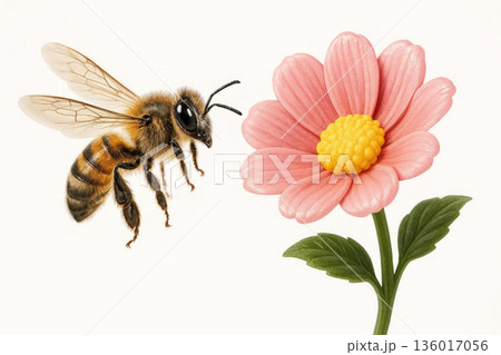 A bee flies to a pink flower in close-up. A bee flies to a pink flower in close-up. 136017056