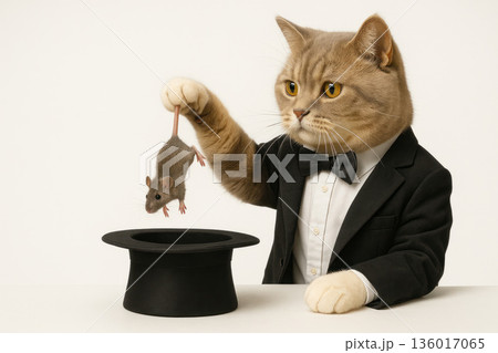 A cat in a tuxedo takes a mouse out of a top hat. Space for text. 136017065