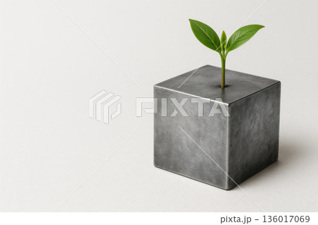 A metal cube with a green sprout growing from it. Space for text. 136017069