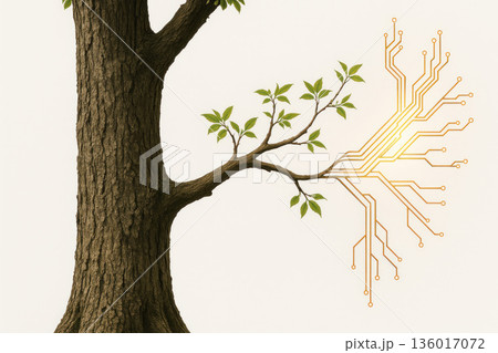 A tree with a branch that goes into electronic circuits. 136017072