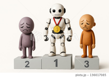 A robot with a gold medal on a pedestal among sad people. 136017085