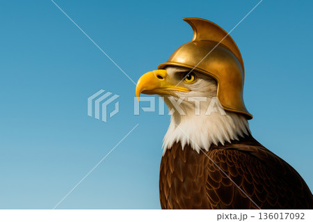 An eagle in a golden helmet symbolizes protection and strength. Space for text. 136017092