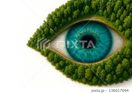 An eye in the shape of a lake in the middle of a forest. Space for text. 136017094
