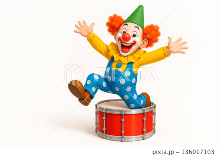 The clown jumps on the drum with a smile. Space for text. The clown jumps on the drum with a smile. Space for text. 136017103