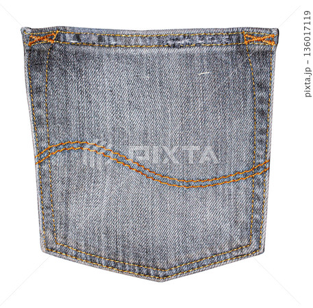 Denim jean pocket with orange stitching and transparent background Denim jean pocket with orange stitching and transparent background 136017119