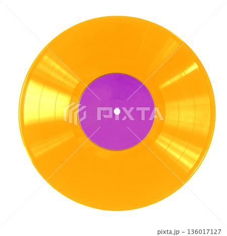 Golden vinyl record disk with purple label for music Golden vinyl record disk with purple label for music 136017127