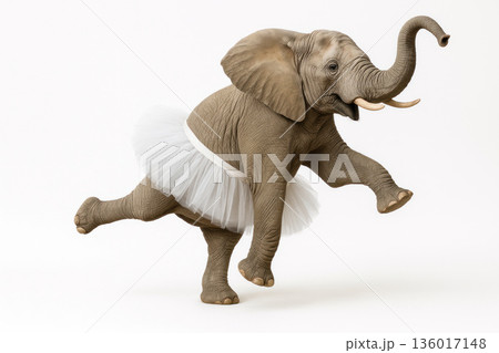 An elephant in a white tutu dances ballet. 136017148