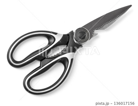 Kitchen utility shears with serrated stainless steel blades Kitchen utility shears with serrated stainless steel blades 136017156