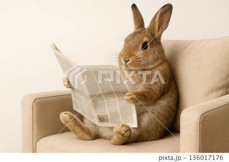 The rabbit is sitting in an armchair and reading a newspaper. 136017176