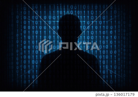 Silhouette of a man in front of a wall with binary code. Silhouette of a man in front of a wall with binary code. 136017179