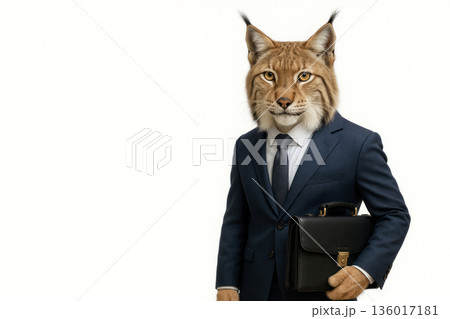 Lynx in a business suit with a briefcase. Space for text. 136017181