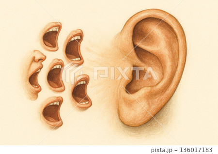 Several mouths scream into a large human ear. 136017183