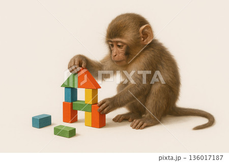A monkey builds a house from colored cubes. Space for text. 136017187