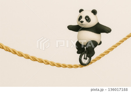 A panda on a unicycle balances on a rope. Space for text. 136017188