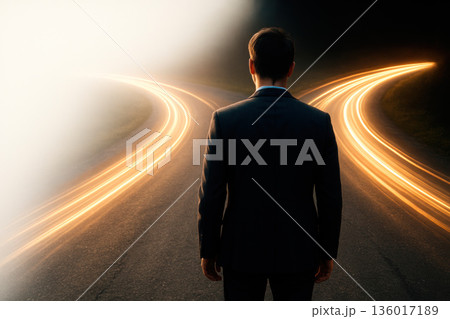 A man in a suit stands in front of two roads. Space for text. 136017189