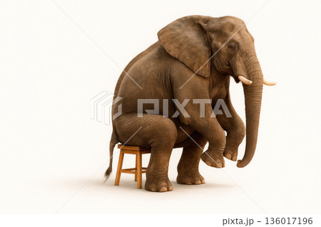 The elephant is sitting on a small chair. Space for text. 136017196
