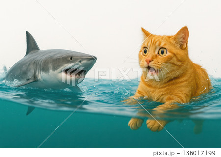 A ginger cat with frightened eyes runs away from a shark in the water. 136017199