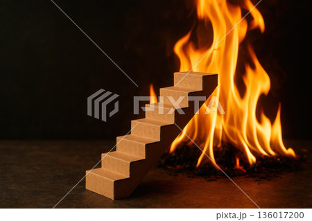 A cardboard staircase aimed at a fiery flame. Space for text. 136017200