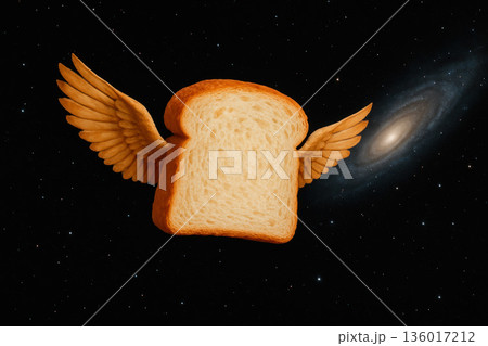 A slice of bread with wings flying in space. 136017212