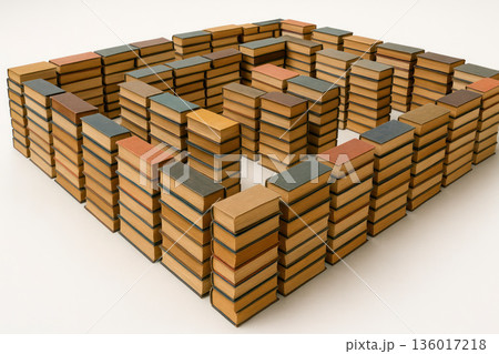 A labyrinth of stacks of old books. 136017218