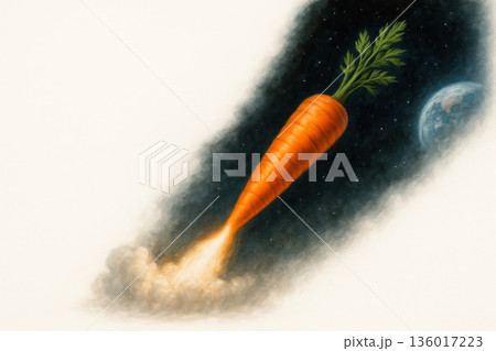 Carrot rocket flies into space. Space for text. 136017223