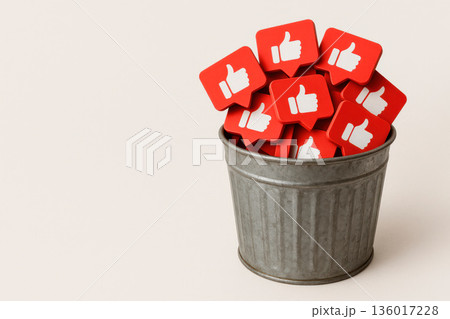 The metal basket is filled with like icons. Space for text. 136017228