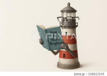 Lighthouse in glasses reading the book How to Shine Brighter. Space for text. 136017245