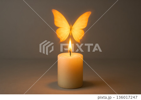 A burning candle with a flame in the shape of a butterfly. A burning candle with a flame in the shape of a butterfly. 136017247