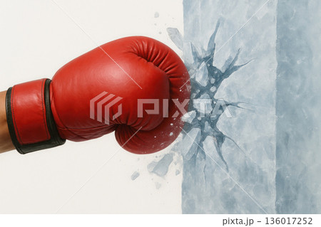 A red boxing glove pierces a wall of ice. A red boxing glove pierces a wall of ice. 136017252