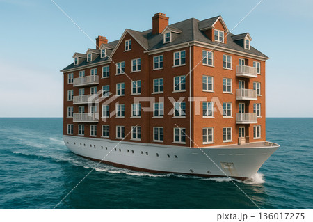 A red brick house moves on the sea like a ship. 136017275