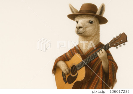 A llama in a poncho and a hat plays the guitar. Space for text. 136017285