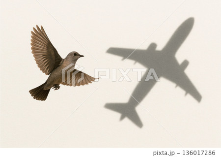Bird flying next to the shadow of an airplane. 136017286