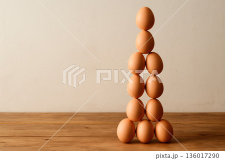 Eggs stacked in a tower on a wooden table, balance concept. Space for text. 136017290