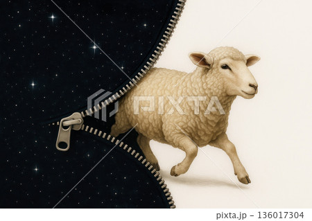 The sheep runs away through the unbuttoned night sky. Space for text. The sheep runs away through the unbuttoned night sky. Space for text. 136017304
