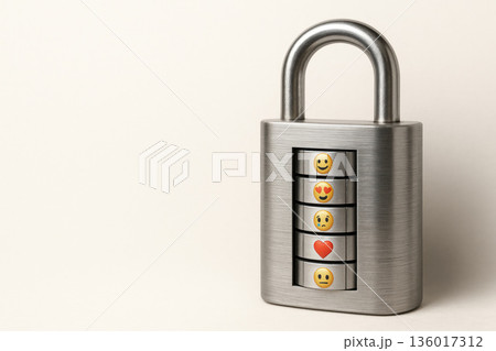A lock with a code mechanism and emojis of emotions. Space for text. 136017312