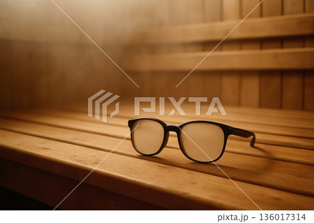 Foggy glasses in a warm sauna. Space for text. 136017314