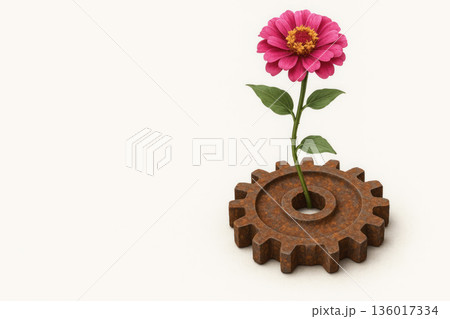 A pink flower grows from a rusty gear. Space for text. 136017334