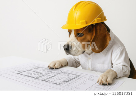 A construction dog in a helmet studies architectural drawings. Space for text. 136017351