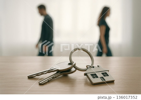 Keys with a keychain at home against the background of people dispersing. 136017352