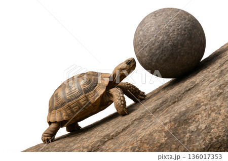 A turtle pushes a stone ball up a mountain. Space for text. 136017353