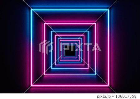 Neon tunnel with purple and blue squares. Neon tunnel with purple and blue squares. 136017359