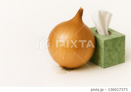 Weeping onions next to a box of napkins. Space for text. 136017373